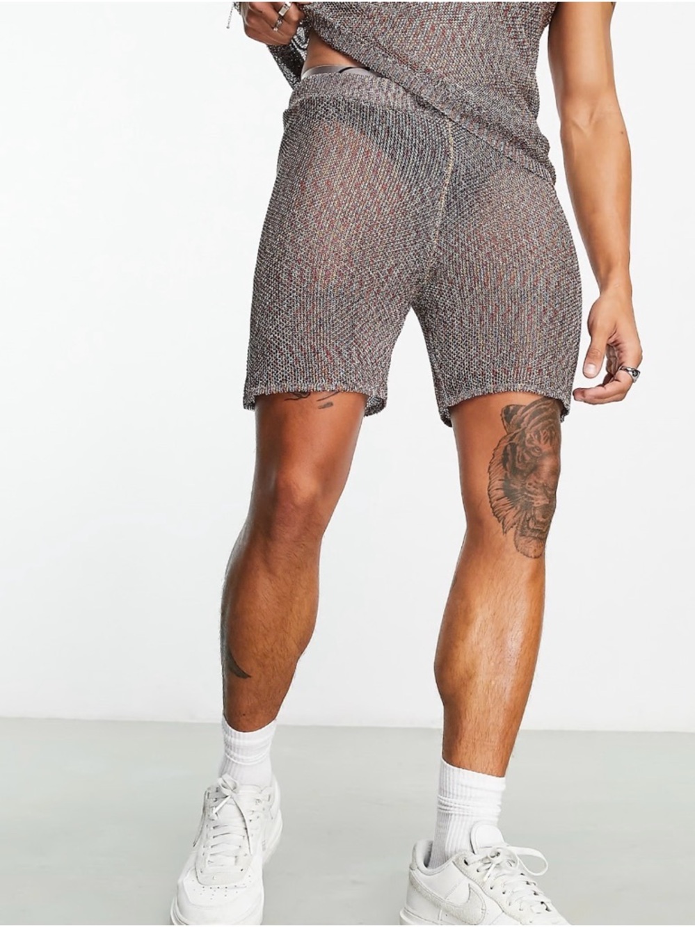 Rainbow Metallic Mesh Knit Textured Knit Shorts - Multi-Tone SMALL